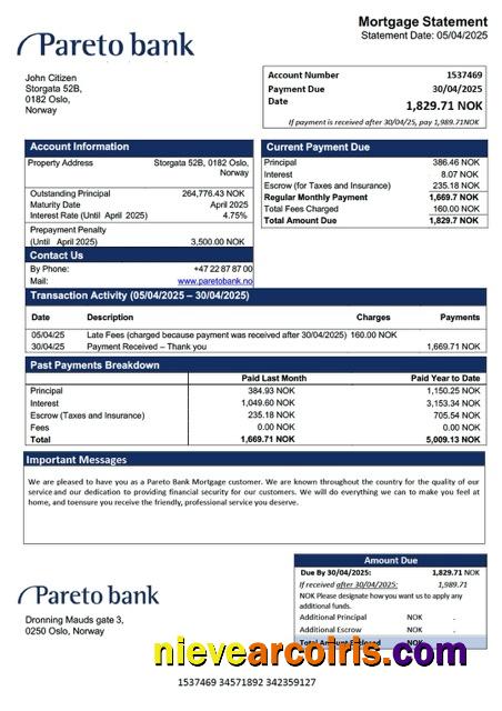 Norway Pareto Bank mortgage statement Word and PDF template